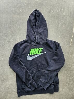 Nike Kids Black Hoodie with Neon Green Logo and Silver Swoosh